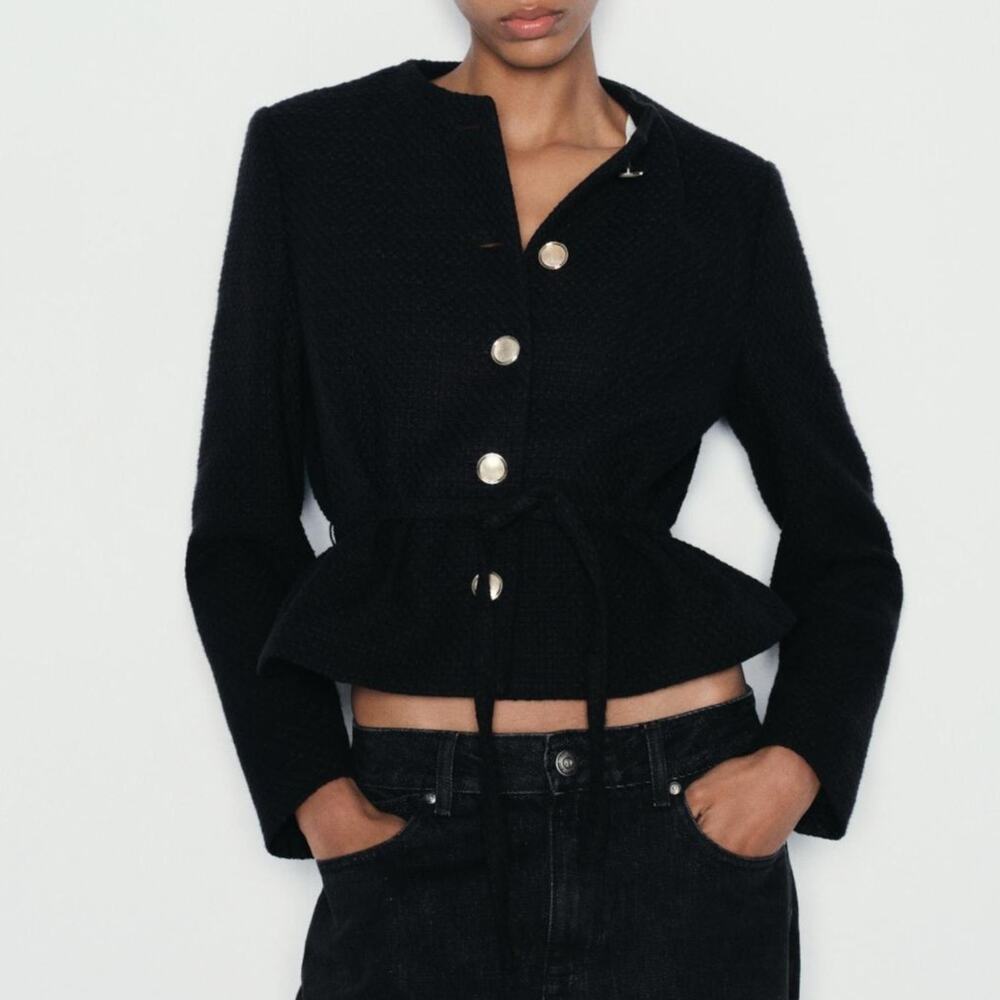 Zara Structured Blazer Lady Jacket Small Black Belted Gold Buttons Preppy Trendy - Picture 3 of 16